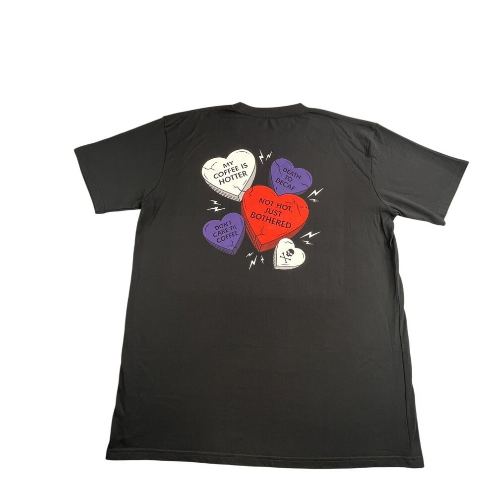 Death Wish Coffee Shirt Mens XL Black Hearts Skull Crossbones Pocket Caffeine